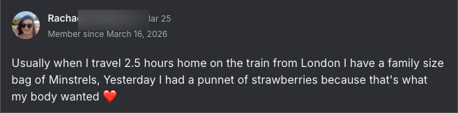 Community win: strawberries on the train instead of a family size bag of Minstrels
